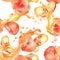 Watercolor seamless pattern of chines flat peaches levitation with splashing juice isolated on white. Fruits with drops