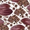 Watercolor seamless pattern chocolate bar cococa fruit and beans isolated on a white background.