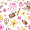 Watercolor seamless pattern with chocolate and tasty decorations for cake and cupcakes.