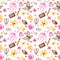 Watercolor seamless pattern with chocolate and tasty decorations for cake and cupcakes.