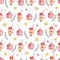 Watercolor seamless pattern with Christmas baubles, stars and mugs decorated with hearts on white background