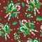 Watercolor seamless pattern.Christmas Candy,Holly, leaves,berries,pine,spruce,on brown background.Hand-drawn Winter