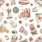 Watercolor seamless pattern with Christmas cats kittens in costumes clothes and objects