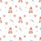 Watercolor seamless pattern with Christmas gnome, gifts, leaves, Christmas tree toy on a white background