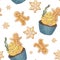 Watercolor seamless pattern with Christmas muffins.