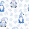 Watercolor seamless pattern with Christmas scandinavian nordic gnomes and snwflakes snow. Blue grey neutral design for