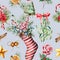 Watercolor seamless pattern with Christmas sock and decor. Hand painted mistletoe, holly, poinsettia, cookies, cand