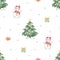 Watercolor seamless pattern with christmas tree, snowman, gifts, snowflakes