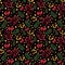 Watercolor seamless pattern with Christmas trees branches and berries on a black background with gifts,stars