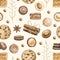 Watercolor seamless pattern with cinnamon, chocolate candies, cookies and waffles