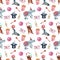 Watercolor seamless pattern with circus animals and holiday paraphernalia, balloons, banners, magic wands, cotton candy and popcor