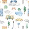 Watercolor seamless pattern with city transport, scooter, trolleybus, taxi, lake, trees, houses, road sign, road, traffic light,