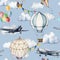 Watercolor seamless pattern with clouds and aerostates. Hand painted sky illustration with hot air balloons, planes and