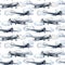 Watercolor seamless pattern with clouds and airplane. Hand painted sky illustration with propeller plane isolated on