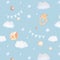 Watercolor seamless pattern with clouds, teething toy bear, cube, balls, flags, drops and stars in blue colors on blue