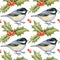 Watercolor seamless pattern of coal tits and holly isolated on white.