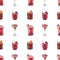 Watercolor seamless pattern, cocktail glasses: cosmopolitan, negroni, watermelon, dragonfruit. Hand-drawn illustration