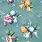 Watercolor seamless pattern of colorful bouquet with iris flower, forget-me-not and leaves