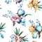 Watercolor seamless pattern of colorful bouquet with iris flower, forget-me-not and leaves isolted on white background