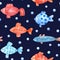 Watercolor seamless pattern with colorful fish and pearls on navy blue background