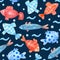 Watercolor seamless pattern with colorful fish, waves and pearls on navy blue