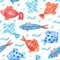 Watercolor seamless pattern with colorful fish, waves and pearls on white