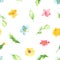 Watercolor seamless pattern with colorful flowers and leaves on a white background