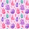 Watercolor Seamless pattern with colorful gemstone crystals. Rainbow multicolored gems. Pink background