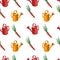 Watercolor seamless pattern with colorful watering cans and carrots