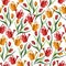 Watercolor seamless pattern with colorful watering cans and red and yellow tulips.