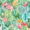 Watercolor seamless pattern with compositions of succulents, flowers.