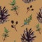 Watercolor seamless pattern, consisting of pine, juniper, alder branches and pine cones on brown background.