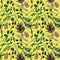 Watercolor seamless pattern, consisting of pine, juniper, alder and eucalyptus branches and pine cones on yellow  backgrond.