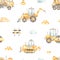 Watercolor seamless pattern with construction vehicles, concrete truck, bulldozer, road roller, tractor on a white background