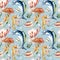 Watercolor seamless pattern with coral reef animals. Hand painted dolphin, lionfish, seahorse and anchor illustration