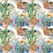 Watercolor seamless pattern with coral reef - laminaria branch and sea animals. Hand painted jellyfish, starfish