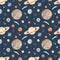 Watercolor seamless pattern cosmos with planets of the solar system mercury, mars, earth, venus, jupiter, saturn, neptune, pluto,