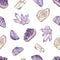 Watercolor seamless pattern with crown chakra healing crystals amethyst, choroite, rock crystal, agate