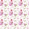 Watercolor seamless pattern. Cupcakes with cherries and hearts