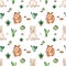 Watercolor seamless pattern with cute baby animal llama, armadillo, cacti on a white background