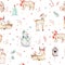 Watercolor seamless pattern with cute baby bear, snowman, bird and deer cartoon animal portrait design. Winter holiday