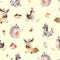 Watercolor seamless pattern of cute baby cartoon hedgehog, squirrel and moose animal for nursary, woodland forest