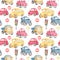 Watercolor seamless pattern cute cars and road signs