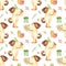 Watercolor seamless pattern with cute cartoon dog, flowers, sweets, gifts.