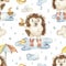 Watercolor seamless pattern with a cute cartoon of hedgehogs in a puddle with an umbrella.