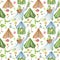 Watercolor seamless pattern with cute cartoon houses and the ships for insects.