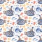 Watercolor seamless pattern with cute cartoon kids submarine.