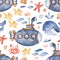 Watercolor seamless pattern with cute cartoon kids submarine.