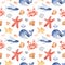 Watercolor seamless pattern with cute cartoon kids underwater creatures.