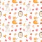Watercolor seamless pattern with a cute cartoon mouse, fox, hedgehog and leaves.